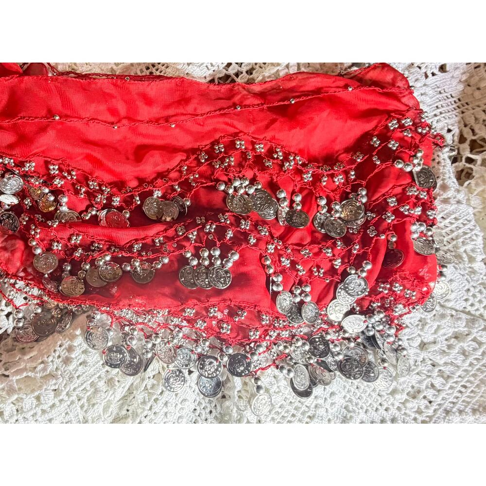 Red Belly Dance Hip Scarf Coin Wrap Sheer Chiffon Silver Tone Coins Used - Picture 12 of 16
